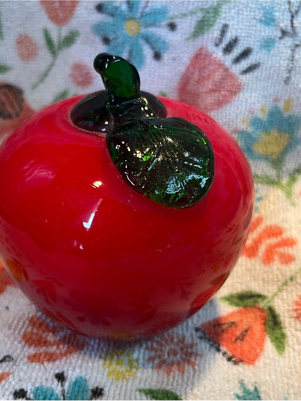 Vintage Red Glass Apple with Green Leaf Accent